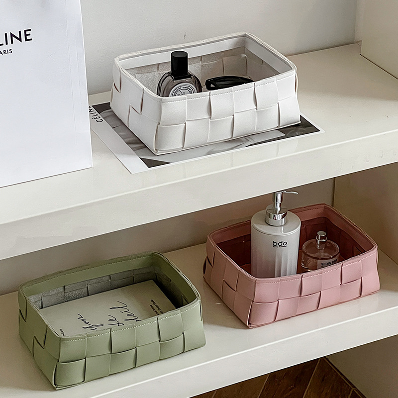 Woven Basket Set - Eenvoudige lederen geweven opbergmand Sleutelornament Woonkamer